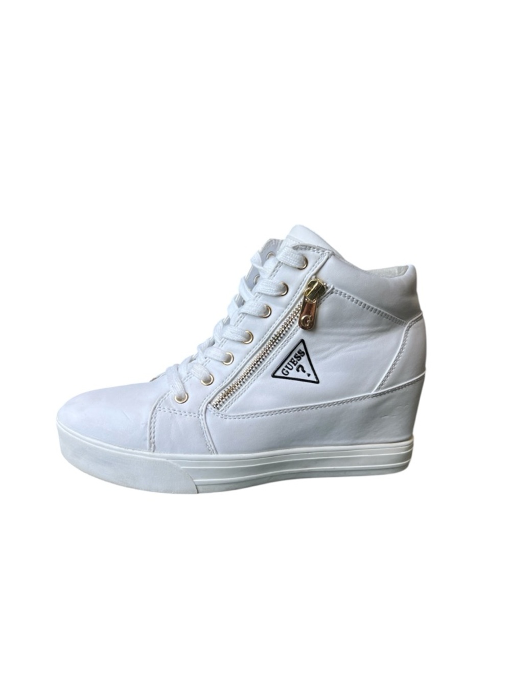 GUESS Hi Top Wedge Sneakers White w Black Logo Side Zip Laces Vegan Leather 8